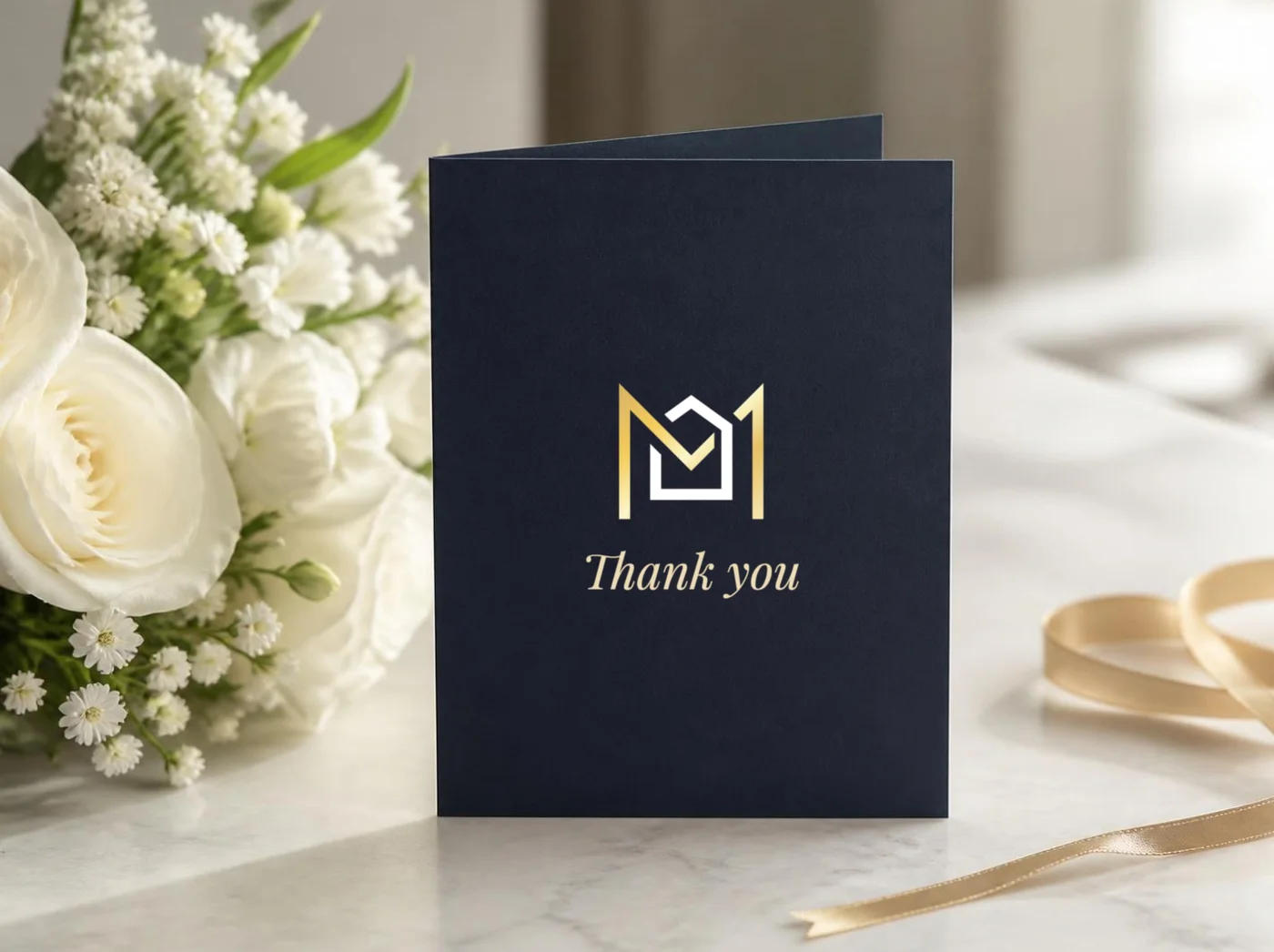 Navy thank-you card with the gold M monogram